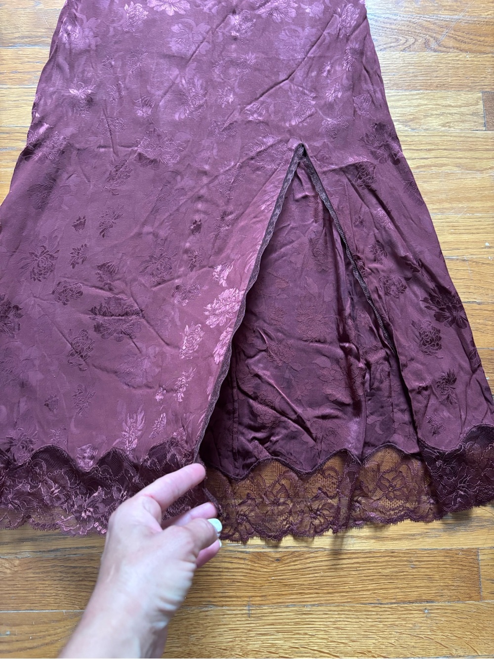 Aritzia  Burgundy Lace-Trim Slip Dress with Side Slit - Picture 5 of 8